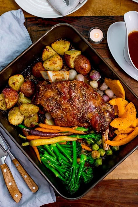 This incredible slow-roasted shoulder of lamb is cooked with the veggies - all in the same pan! Served with an easy cider gravy this succulent lamb is a real crowd pleaser. #roastlamb #lambshoulder #slowcookedlamb #onepot #gravy #onepan #onepandinner #sundayroast Roast Dinner Ideas, Shoulder Of Lamb Recipes, Lamb Leg Roast Recipes, Cider Gravy, Slow Roasted Lamb Shoulder, Lamb Roast Recipe, Lamb Shoulder Roast, Roast Dinners, Lamb Dinner