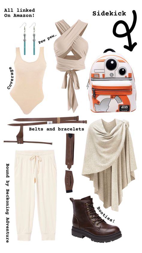 Disney bound look for Star Wars Character Rey Skywalker with neutral toned clothes and belts also a BB8 droid loungefly backpack and blue lightsaber earrings for her character Easy Star Wars Outfit, Star Wars Costumes For Women Diy, Star Wars Nite Outfit, Modern Star Wars Outfit, Woman Star Wars Costume, Star Wars Diy Costume Women, Star Wars Themed Outfits Women, Diy Rey Costume Women, Cute Star Wars Outfits