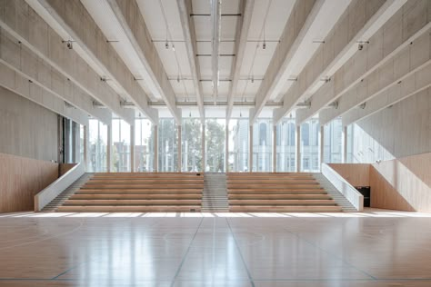 https://www.archdaily.com/950270/saint-gellert-hall-epitesz-studio/5f972f5363c0174d8a000279-saint-gellert-hall-epitesz-studio-photo?next_project=no Neo Baroque, Event Hall, Sport Hall, Keep The Lights On, Concrete Structure, Studio Photo, School Architecture, Mediterranean Style, Contemporary Architecture