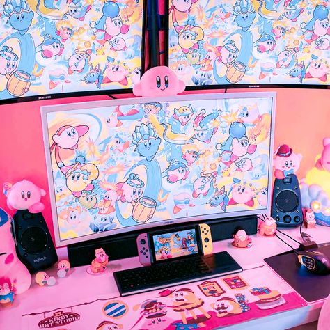 Embark on a whimsical gaming adventure with a Kawaii Kirby setup and room transformation! 🎮🌸 Immerse yourself in the world of pink puffballs and dreamy aesthetics as you design a gaming space that's as cute as it is fun. From Kirby-themed decor to pastel hues and cozy touches, create a haven where gaming meets kawaii charm. Let Kirby's joyful spirit inspire your gameplay and infuse your room with a sense of enchantment. 🌟🕹️✨ Kirby Bedroom, Kirby Room, Kawaii Decorations, Family Core, Kawaii Kirby, Dream Setup, Pc Builds, Gaming Space, Kawaii Bedroom