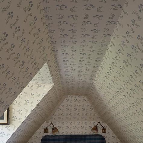 Wallpapered Attic Bedroom, Wallpaper Ceiling Attic, Attic Wallpaper Slanted Ceiling, Attic Room Wallpaper, Wallpaper On Vaulted Ceiling, Wallpaper On Slanted Ceiling, Slanted Ceiling Wallpaper, Wallpaper Attic Bedroom, Wallpaper Vaulted Ceiling