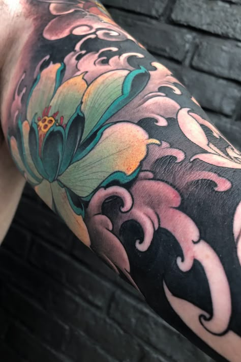 Tattoo uploaded by Christopher Henriksen | Lotus and water #lotus #fingerwaves #tattoodo #inkjecta #wearesorrymom #killerinktattoo #irezumi #japanese #japanesetattoo #irezumiart | 1149126 | Tattoodo Japanese Water Tattoo, Masque Hannya, Koi Tattoo Sleeve, Water Lotus, Japanese Dragon Tattoos, Mens Shoulder Tattoo, Koi Tattoo, Japanese Tattoos, Irezumi Tattoos