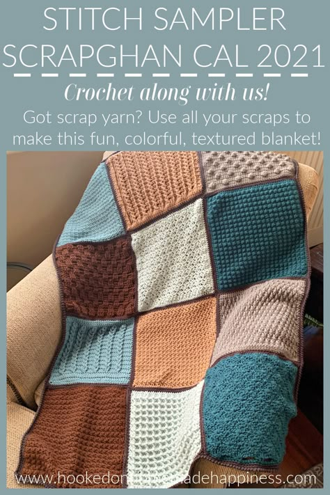 Stitch Sampler Scrapghan Crochet Along 2021 Crochet Sampler Throw Pattern, Crochet Square Sampler Blanket Pattern Free, Free Crochet Patterns For Afghans Squares Simple, Crochet Stitch Sampler Afghan, Crochet A Long Blanket, 12” Crochet Squares, Stitch Sampler Crochet Blanket Pattern Free, Crochet Sampler Squares, Crochet Block Afghan Patterns Free