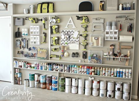 DIY Garage Pegboard Narrow Storage Wall with Plans. Only need 5.5" in depth to make this. Cover Open Shelves, Shelves In Garage, Garage Pegboard, Pegboard Garage, Pegboard Storage, Pegboard Organization, Shed Organization, Garage Organize, Diy Garage Shelves