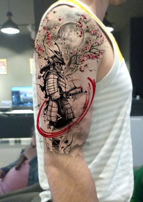 Trash Polka Samurai Tattoo, Samari Tattoos For Men, Japanese Swordsman Tattoo, Japanese Arm Tattoo Men, Ronin Tattoo Design, Japanese Ronin Tattoo, 47 Ronin Tattoo, Japanese Shoulder Tattoo, Ghost Of Tsushima Tattoo