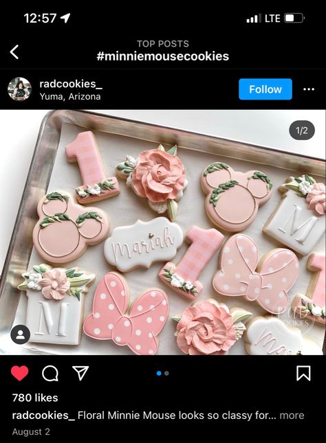 Boho Minnie Mouse Cookies, Minnie Mouse Cookies Decorated, Flora Disney, Mouse Cookies, Minnie Mouse Cookies, Twodles Birthday, Rose Birthday, Mickey Safari, Sugar Cookie Icing