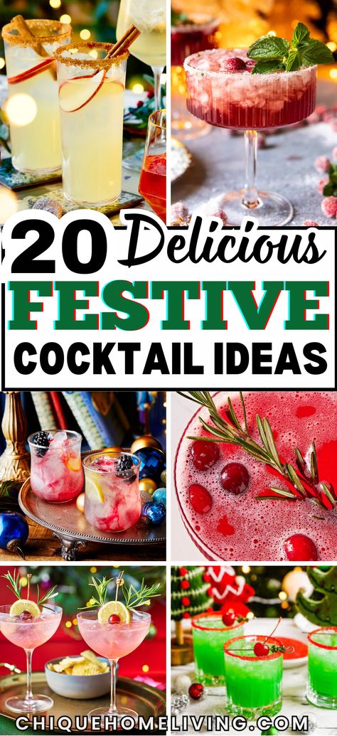 Get into the holiday spirit with these 20 festive cocktail recipes that are guaranteed to impress your guests! From classic spiked eggnog and cranberry margaritas to creative drinks like peppermint martinis and gingerbread old fashioneds, there's a drink for every palate. Each recipe is easy to follow and bursting with seasonal flavors. Whether you're hosting a holiday party or cozying up by the fire, these holiday cocktails will add cheer and warmth to your celebrations! Christmas Cocktails With Ornament, Refreshing Holiday Cocktails, Fruity Holiday Cocktails, Spiked Holiday Drinks, Crazy Cocktail Recipes, Festive Alcoholic Drinks Christmas, Fun Festive Drinks, Ornament Cocktail Recipe, Festive Christmas Drinks Holiday Cocktails