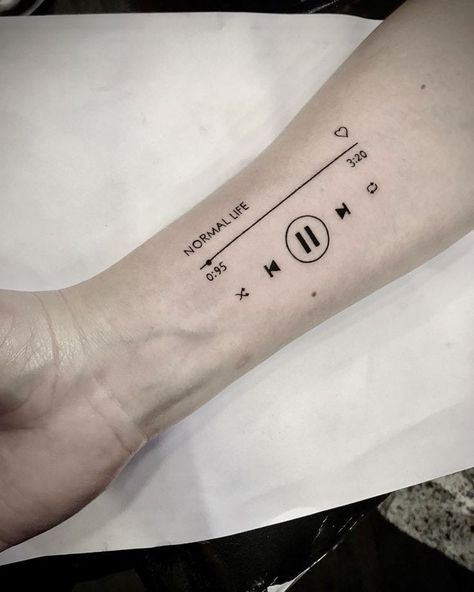 Playlist Tattoo Design, Music Playlist Tattoo, Playlist Tattoo, Minimal Music Tattoo, Music Tattoo Minimalist, Minimalist Music Tattoo, Spotify Tattoo, Music Themed Tattoos, Song Tattoos