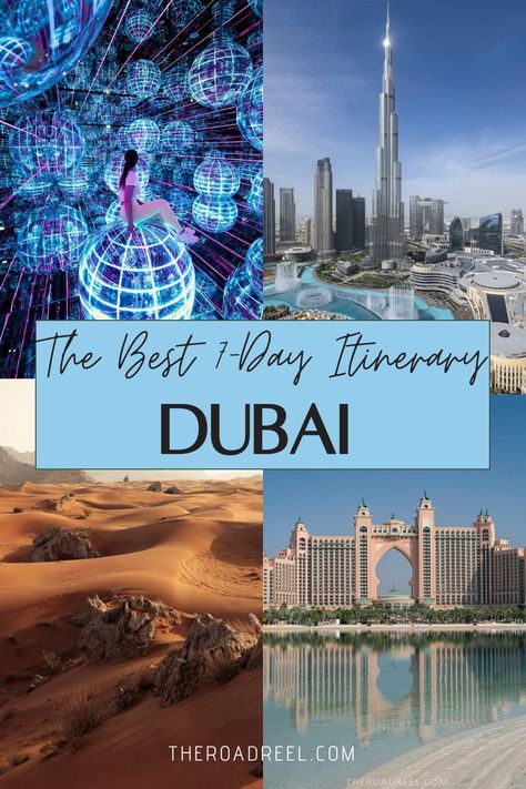 "The Best 7-Day Itinerary for Dubai: futuristic art exhibit, Burj Khalifa, desert adventure, Atlantis resort" One Day In Dubai, Dubai Itinerary 7 Days, Dubai Must See, Dubai Fountain Show, Dubai Places To Visit, Dubai Places, Dubai Adventure, Dubai Itinerary, Places In Dubai