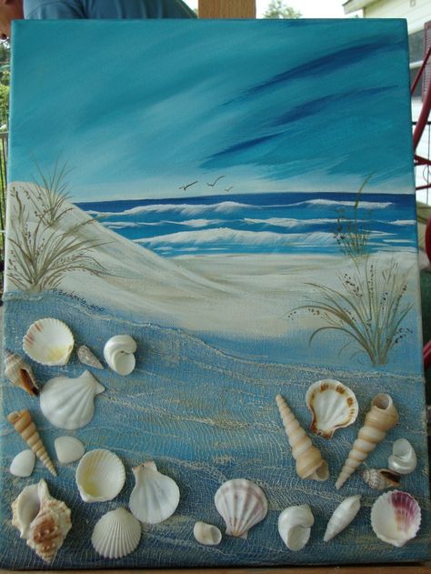 Paintings With Seashells, Canvas Painting 3d, Beach Painting With Shells, Painting With Shells On Canvas, Sea Shell Painting On Canvas, Acrylic Drawing Ideas, Painting With Shells, Deco Theme Marin, Shell Canvas Art