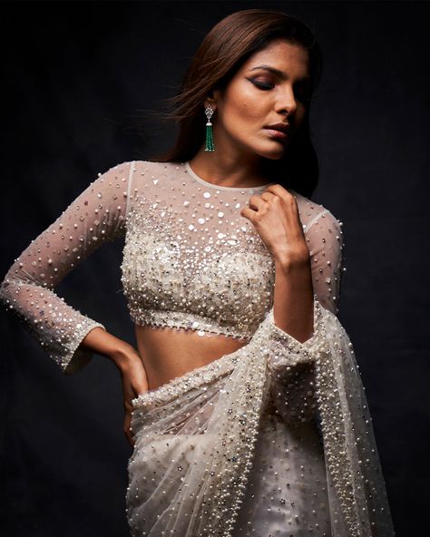 Crystal Pearl Sari with Full Sleeve Blouse | Seema Gujral Pearl Saree, Full Sleeves Blouse Designs, Seema Gujral, Full Sleeve Blouse, Lehenga Blouse Designs, Net Blouses, Wedding Blouse Designs, White Saree, Wedding Blouse