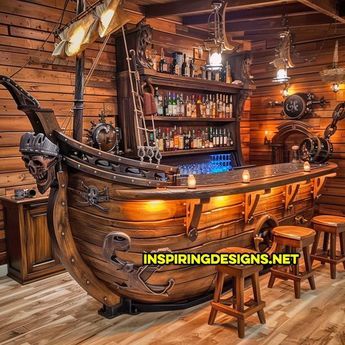 These Pirate Ship Home Bars Will Anchor Your Next Party with Style – Inspiring Designs Island Bars, Wooden Bar Top, Cabin Windows, Pirate Room, Pool Essentials, Pirate Decor, Kitchen Island Bar, Ship Decor, Island Bar