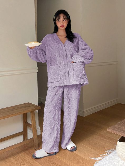 DAZY Flannel Pajamas Set With V-Neck Button Up Top, Double Pockets, Long Sleeve And Long PantsI discovered amazing products on SHEIN.com, come check them out! Purple Pijama, Winter Pjs Women, Winter Pjs, Purple Pajamas, Night Suit For Women, Warm Pajamas, Womens Pjs, Plain Pants, Purple Collar