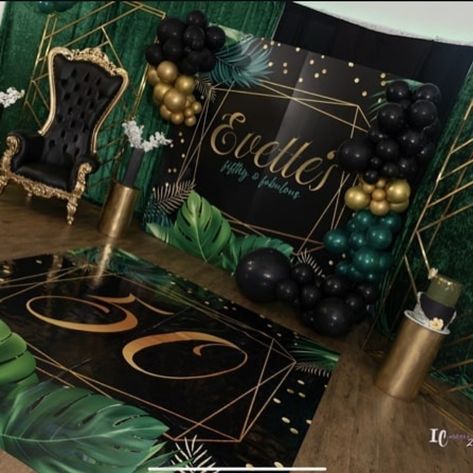 Green Black Birthday Decorations, Black Green And Gold Party Decorations, Green Black And Gold Party Decor, Emerald Green Wedding Theme, 30th Birthday Celebration, 30th Birthday Men, Black Party Decorations, Craft Party Ideas, Green Wedding Theme