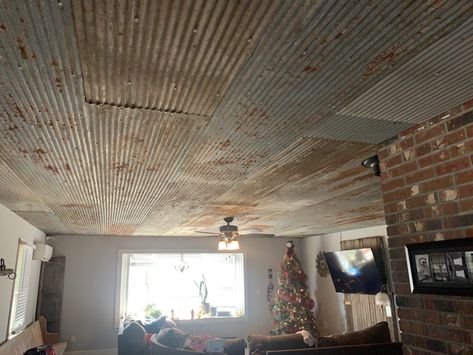 Tin Vaulted Ceiling, Galvanized Ceiling Ideas, Tin Ceiling Ideas Rustic Bedroom, Corrugated Tin Ceiling Kitchen, Metal Roof Interior Tin Ceilings, Galvanized Tin Ceiling, Barn Tin Ceiling, Reclaimed Tin Ceiling, Beauty Suite