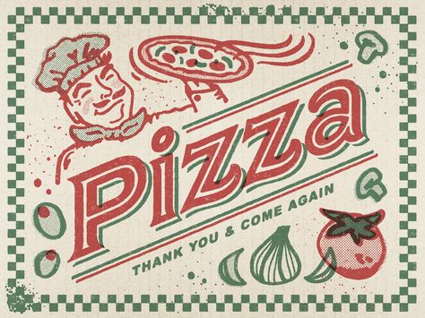 Pizza Greeting Card by Laura Guardalabene #Design Popular #Dribbble #shots Vintage Pizza Poster, Retro Pizza Poster, Retro Pizzeria, Pizza Typography, Retro Pizza, Pizza Box Design, Vintage Pizza, Pizzeria Design, Pizza Graphic