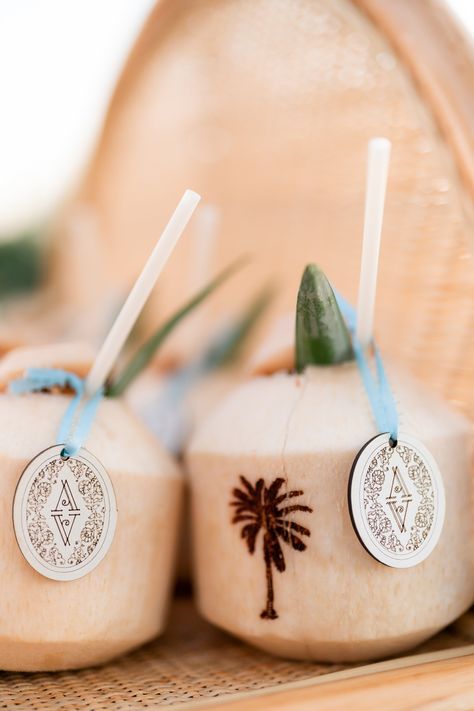 Wedding Favors Ideas, Reception Favors, Hotel Key Cards, Wedding Drink Station, Blush Invitations, Wedding Reception Favors, Indoor Wedding Receptions, Reception Tablescapes, Coconut Drinks