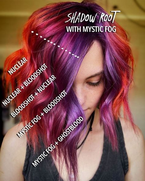 Purple And Red Hair, Hair Color For Tan Skin, Purple Hair Color Ombre, Pink And Orange Hair, Hair Color Swatches, Sunset Hair, Pulp Riot Hair Color, Styled Hair, Vivid Hair Color