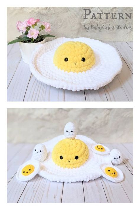 Fried Egg Amigurumi Free Pattern, Cute Easy Crochet Projects Free, Crochet Egg Plush, Crochet Egg Pattern Free Amigurumi, Crochet Egg Amigurumi, Crochet Fried Egg Pattern, Fried Egg Amigurumi, Crochet Sunny Side Up Egg, Free Egg Crochet Pattern