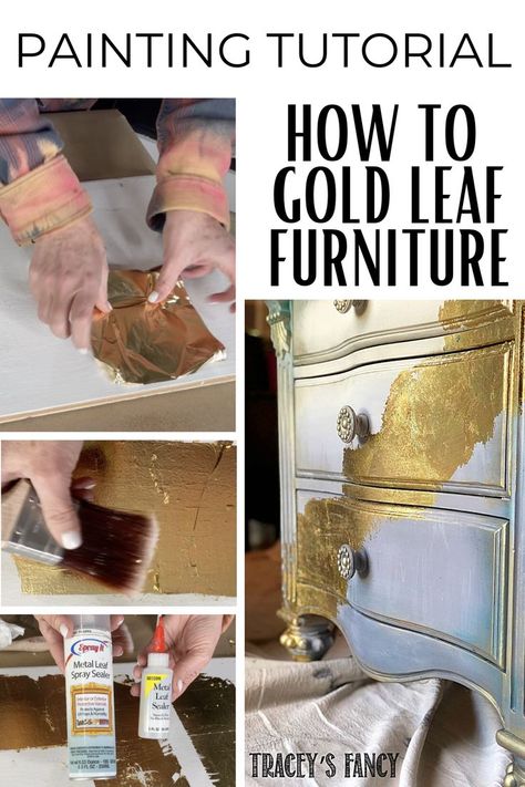 This free furniture paitning tutorial has everything I know about how to apply gold leaf! You can apply any color of leaf, in this way, but my favorite is gold. If you are looking for the most brilliant metal shine possible…leafing is your answer! #traceysfancy #furniturepaintingtips How to Apply Gold Leaf on Furniture & Gold Leaf Furniture Ideas & How to Paint Metallic Furniture Gold Leaf On Furniture, Gold Leaf Furniture, Leaf Furniture, Metallic Furniture, Furniture Painting Tips, Rose Gold Painting, Whimsical Painted Furniture, Furniture Painting Techniques, Free Furniture