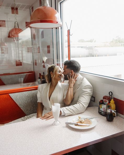 cutest diner date ever 🥹 Diner Engagement Photoshoot, Diner Couple Photoshoot, 50s Diner Photoshoot, Diner Engagement Photos, Diner Photoshoot, Pre Engagement, 50s Diner, Pizza Shop, Maternity Ideas