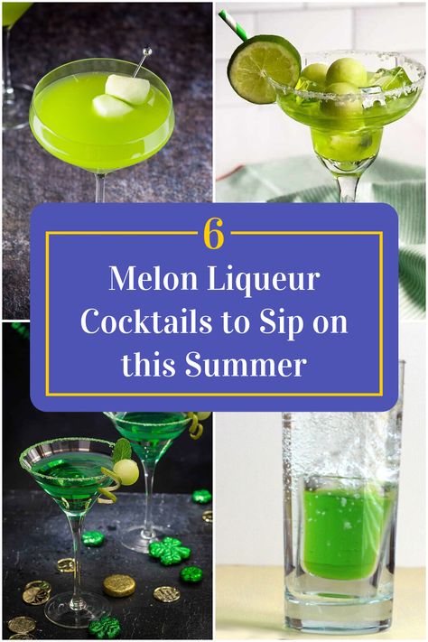 Collage of 4 melon liqueur cocktails. Watermelon Liqueur Recipe, Melon Cocktail Recipes, Vodka Melon, Midori Drinks, Watermelon Cocktails, Liqueur Cocktails, Banana Cocktails, Best Watermelon, Midori Melon