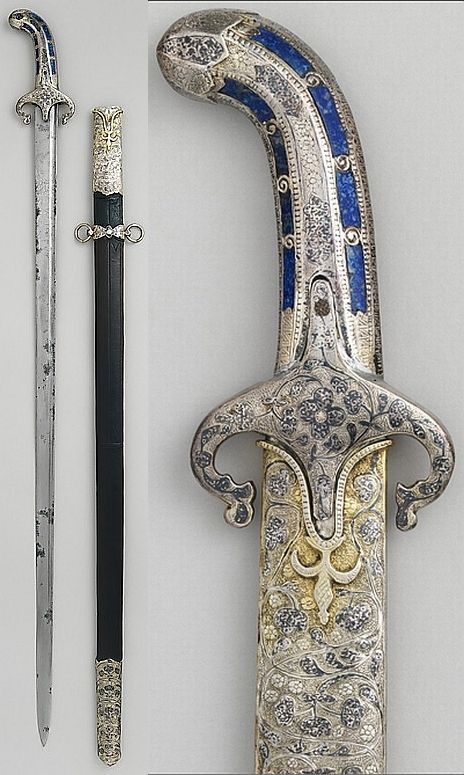 Ottoman sword, 17th century. The nielloed silver mounts are typical of Ottoman weapons, although the use of lapis lazuli are rare. The straight European blade suggests that this cavalry weapon was carried in addition to the more usual curved saber. Pairs of weapons with straight and curved blades were common in eastern Europe in the seventeenth century. Bequest of George C. Stone, 1935 , The Metropolitan Museum of Art. Turkish Swords Ottoman Empire, Historical Objects, Arm Armor, Ottoman Empire, Eastern Europe, Metropolitan Museum Of Art, 17th Century, Metropolitan Museum, Museum Of Art