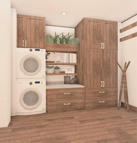 Bloxburg Small House Interior, Aesthetic Roblox Bloxburg Houses, Cute Bloxburg Decor Ideas, Aesthetic Home Layout, Suburban Laundry Room Bloxburg, Bloxburg House Floor Plan 1 Floor, Bloxburg Home Decor, Laundry Room Design Bloxburg, Bloxburg House Ideas Exterior Vintage