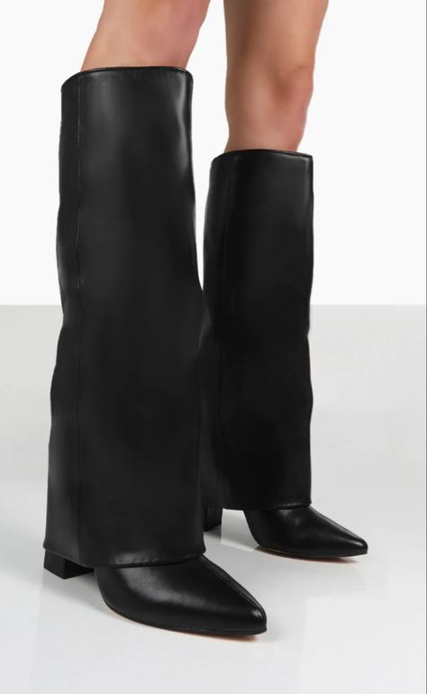 Knee High Boots Uk, Block Boots, Givenchy Boots, Long Black Boots, Fold Over Boots, Public Desire Shoes, High Waisted Denim Shorts, Fancy Shoes, Chunky High Heels