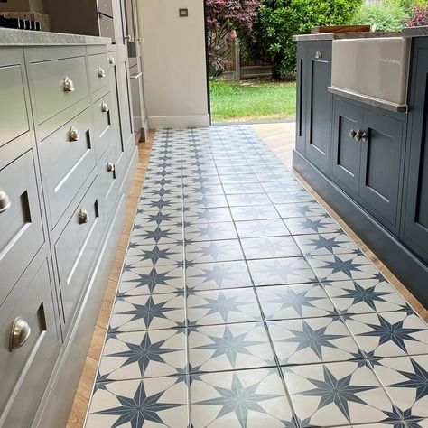 Blue And White Floor Tiles Kitchen, Funky Floor Tiles Bathroom, Patterned Tile Hallway, Tiled Dining Room Floor, Small Porch Tiles Entrance, Blue Pattern Floor Tile, Blue Patterned Floor Tiles Bathroom, Utility Room Floor Tiles, Star Tiles Kitchen