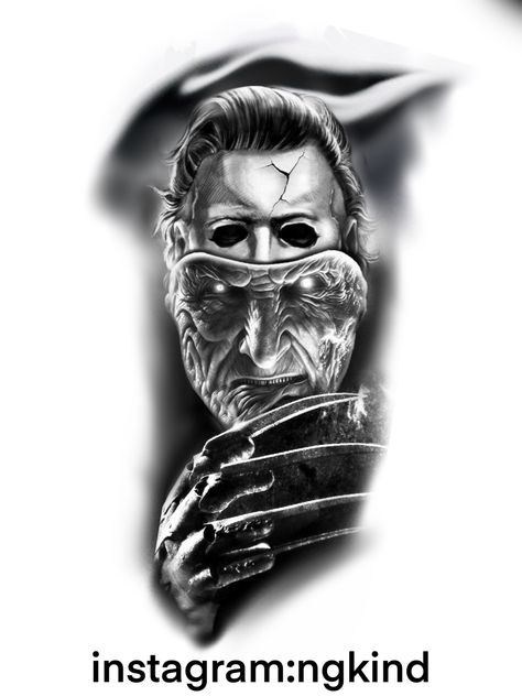 Freddy Krueger Tattoo Design, Michael Myers Drawing, Freddy Krueger Tattoo, Jason Tattoo, Michael Myers Tattoo, Freddy Krueger Art, Michael Myers And Jason, Horror Tattoos, Horror Movie Tattoos