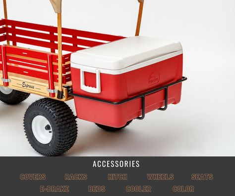 There are tons of accessories for our wagons! We offer covers, racks, hitches, seats, beds, and many more accessories. Check out our website for inspiration when customizing your wagon! Beach Wagon Diy, Work Wagon, Custom Radio Flyer Wagon, Metal Cooler, Accessories For Cars, Metal Wagon, Radio Flyer Wagons, Garden Wagon, Wooden Cart