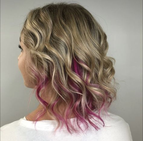 Blonde With Hot Pink Peekaboo, Pink Peekaboo Highlights Short Hair, Peak A Boo Pink Hair, Blonde Hair With Vivid Peekaboo, Pink Under Highlights, Hidden Hair Color Peekaboo Highlights, Pink Peekaboo Highlights Blonde, Blonde With Pink Peekaboo, Under Color Hair Ideas Blondes