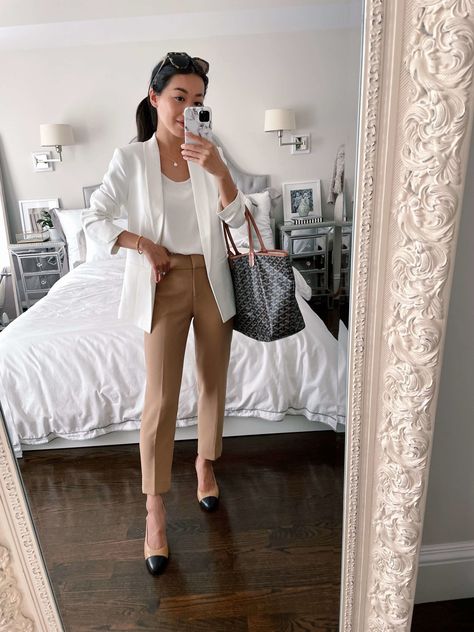 Office Blazers For Women, Formal Trouser Outfits For Women, Formal Office Outfits Women, Workwear Women Office, Camel Outfits For Women, Camel Pants Outfit Work, Outfit Magang, Petite Office Outfits, Thesis Outfit