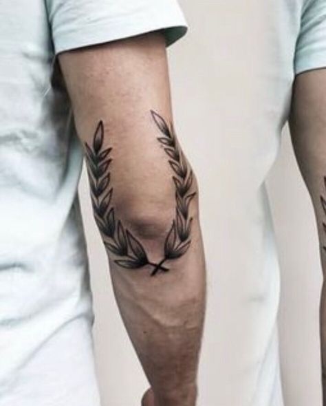 Laurel Wreath Tattoo Elbow, Olive Branch Tattoo Mens, Greek Leaves Tattoo, Laurel Tattoo, Olive Tattoo, Traditional Eagle Tattoo, Bicep Tattoo Men, Wreath Tattoo, Half Sleeve Tattoos Drawings