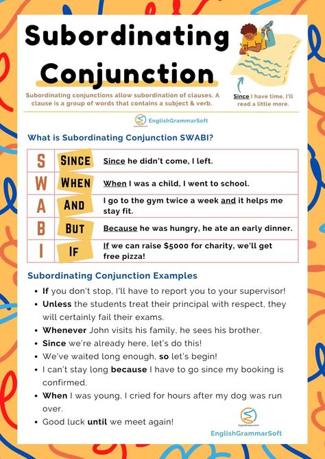 What is a Subordinating Conjunction? Examples, Worksheet & List - EnglishGrammarSoft Conjunctions Activities, Conjunctions Anchor Chart, Conjunctions Worksheet, Ela Anchor Charts, Dependent Clause, Subordinating Conjunctions, English Collocations, High School Curriculum, Subject And Verb