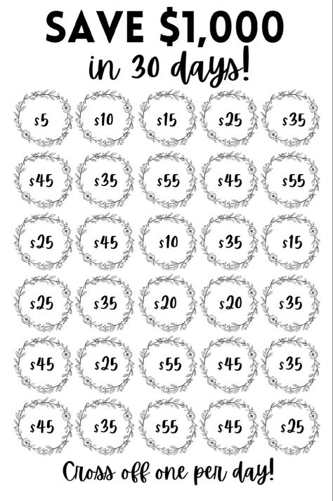 1000 In 30 Days Free Printable, Save 1000 In 30 Days, 1000 In 30 Days, Save 1000, Saving Coins, Saving Money Chart, Budget Challenge, Money Template, Money Chart