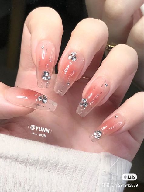 Chinese jelly blush nails with gems Clear Jewel Nails, Douyin Nails Rhinestones, Basic Douyin Nails, French Blush Nails, Almond Nails Asian Style, Crystal Gem Nails, Blush Nails With Gems, Clear Gem Nails, Chrome Douyin Nails