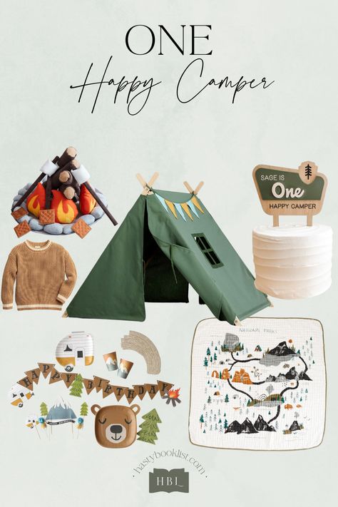 First Birthday One Happy Camper, One Happy Camper First Birthday Photos, Camp Bday Party Ideas, One Happy Camper Birthday Decor, One Year Old Camping Birthday Party, Camp First Birthday Party, One Happy Camper High Chair, Camp Out First Birthday, One Happy Camper First Birthday Cake