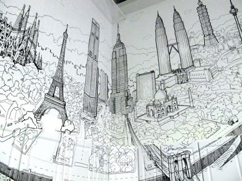 Global City: A Sprawling Mural Drawn on the Walls and Cabinets of a Kitchen by Deck Two Cityscape Mural, Skyline Mural, Wall Drawings, Airplane Decor, Drawing Interior, Global City, Colossal Art, City Drawing, Wall Drawing