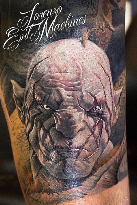 The Hobbit White Ogre Azog Realistic Color Tattoo by Lorenzo Evil Machines, Roma - Italia Realistic Color Tattoo, Hobbit Tattoo, Ems Tattoos, Lotr Tattoo, Machine Photo, Tolkien Art, Realistic Tattoo, Warrior Tattoo, English Tattoo