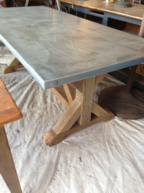 Zinc Table Top, Top Kitchen Table, Zinc Table, Concrete Table Top, Concrete Dining Table, Metal Table Top, Diy Farmhouse Table, Concrete Furniture, Concrete Table