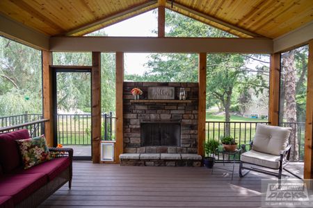 Gable Roof over deck, screened in deck, fireplace. Roof Over Deck, Enclosed Decks, Hinged Patio Doors, Screened In Porch Diy, Fire Pits Outdoor, Deck Fireplace, Patio Pictures, Screened Porch Designs, Screened In Deck