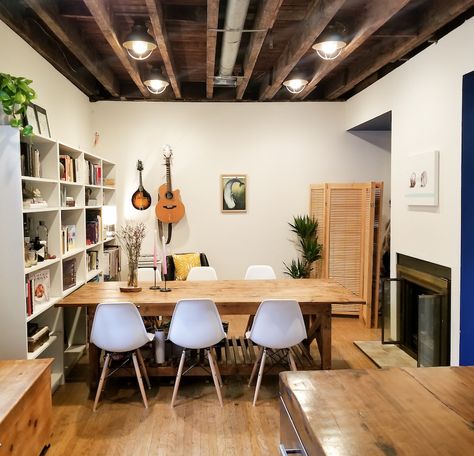 Exposed joists and ductwork A Philadelphia Home that Boasts a Potpourri of Architectural Styles Exposed Ductwork Ceiling Basement, Partially Exposed Ceiling, Exposed Joist Ceiling Lighting, Basement Ideas Open Ceiling, Open Wood Ceiling, Open Joist Ceiling Lighting, Lighting For Exposed Ceiling, Open Ceiling Lighting Ideas, Basement Lights Exposed Ceiling