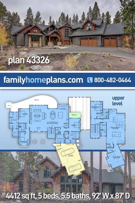 House Plan 43326 - Country, Craftsman Style House Plan with 4412 Sq Ft, 5 Bed, 6 Bath, 3 Car Garage Mountain Home Floor Plans, Lodge Style House Plans, Rustic Craftsman House Plans, Mountain Craftsman House Plans, Lodge House Plans, Mountain Craftsman, Rustic Craftsman, Rustic House Plans, Cabin Floor Plans