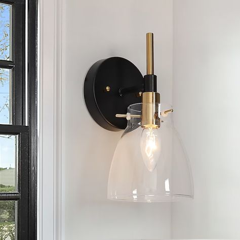 ZEVNI Berton 5-in W 1-Light Matte Black and Gold Modern/Contemporary LED Wall Sconce in the Wall Sconces department at Lowes.com Modern Black Wall, Modern Wall Lighting, Gold Sconces, Globe Wall Light, Black Sconces, Black Wall Lights, Sconces Living Room, Staircase Wall, Contemporary Wall Sconces