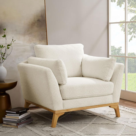 Large-Sized Accent Chair, Thick Cushion Bedroom Reading Chair, Comfortable Living Room Single Sofa, Boucle, White Bedroom Reading Chair, Comfortable Living Room, Leather Sofa Chair, Leather Sectional Sofas, Cozy Home Office, Oak Chair, Reading Chair, Accent Arm Chairs, Single Sofa