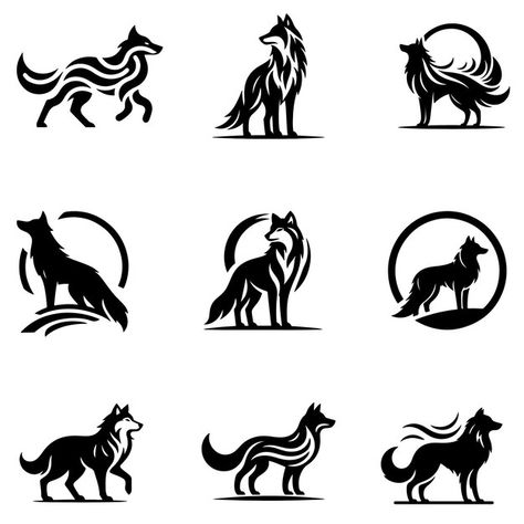 Vector vector silhouettes of wolf set | Premium Vector #Freepik #vector Running Wolf Silhouette, Wolf Logo Art, Wolf Graphic Design, Wolf Outline, Wolf Symbol, Easy Tattoos To Draw, Wolf Vector, Abstract Wolf, Wolf Running