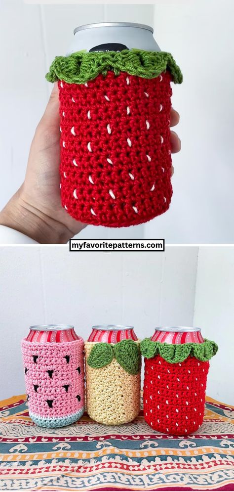 Crochet Strawberry Cup Cozy, Drink Cozy Crochet Pattern, Crochet Drink Cozy Free Pattern, Crochet Summer Items, Crochet Patterns Fruit, Quick Crochet For Craft Fair, Market Crochet Patterns, Interactive Crochet Patterns, Red Crochet Patterns