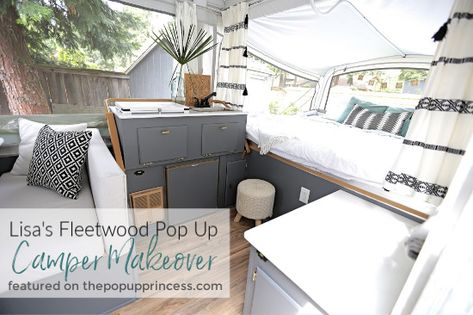 Pop Up Camper Remodel - Love those blue-gray cabinets. The whole makeover is super budget friendly. Fleetwood Pop Up Camper, Camper Updates, Tent Trailer Remodel, Pop Up Princess, Pop Up Campers, Popup Camper Remodel, Pop Up Tent Trailer, Glamper Camper, Camper Reno